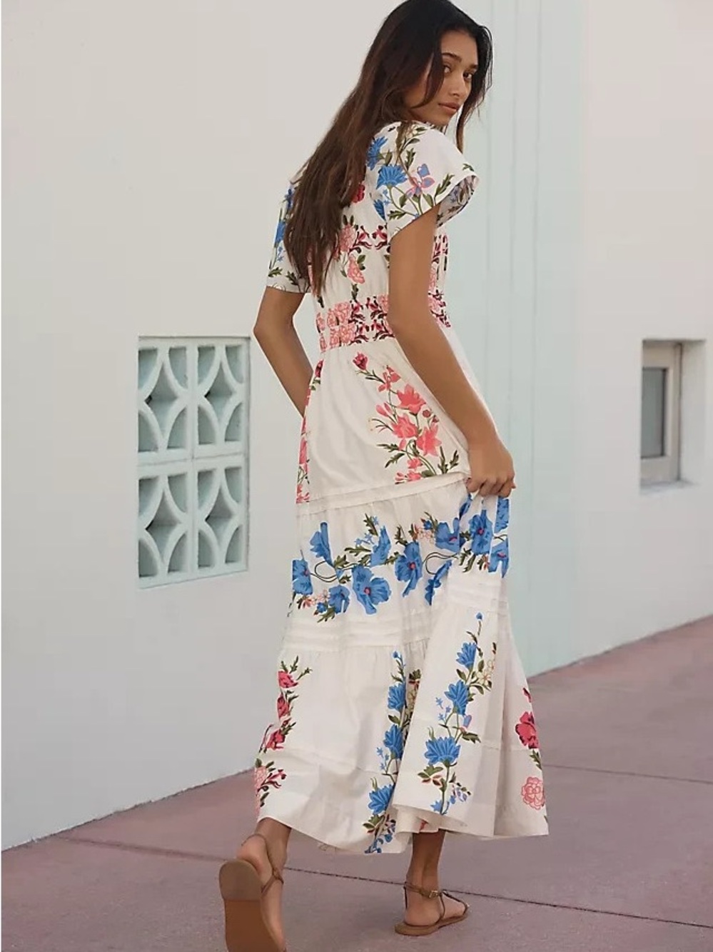 Anthropologie Somerset White Maxi Dress with Blue and Pink Floral Print - Picture 2 of 4